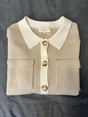 Sezane Beige & Cream Button Front Merino Wool Betty Cardigan in EUC